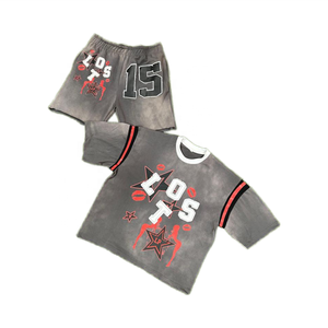 Ropa de calle de verano personalizada lavado ácido 100% algodón serigrafía pantalones cortos conjunto estilo Vintage Hip Hop Logo diseño Boxy camisetas gráficas - Product Image 1