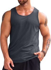 Camiseta sin mangas para hombre, diseño acanalado a rayas, cuello redondo, tejido transpirable, informal, mezcla de algodón y spandex. - Product Image 5