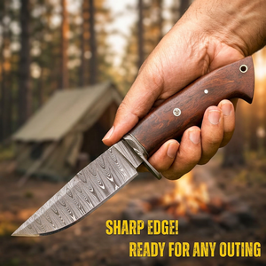Cuchillo de caza hecho a mano de acero de Damasco con mango de madera de nogal y funda de cuero fino, cuchillo de camping, cuchillo para exteriores, cuchillo EDC. - Product Image 4