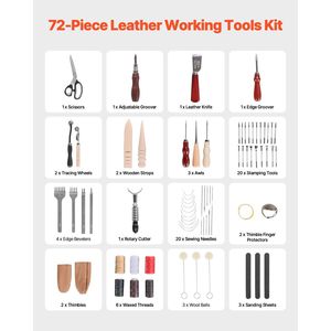 Kit Portatile di 72 Utensili per Lavorazione del Cuoio, Set per Cucito e Stampaggio con Borsa Portatile in Pelle, 72 Pezzi di Accessori per Artigianato in Pelle - Product Image 2