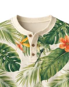 <b>Mens</b> Tropical Print Henley <b>Shirt</b> <b>White</b> And Green Floral Long Sleeve Button Placket Casual Summer Beach Style Fashion Top - Product Image 5