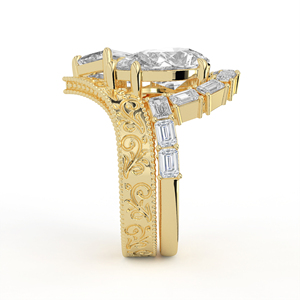 แหวนแต่งงานทองคำขาว 14K 18K ประดับเพชรแล็บโกรว์ทรงหยดน้ำและทรงมรกต ดีไซน์วินเทจลายดอกไม้สลักลายโค้ง - Product Image 5