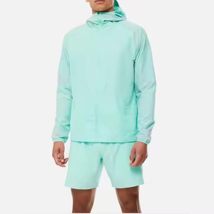 Veste de sport imperméable coupe-vent à capuche vert clair pour homme avec ensemble de shorts, séchage rapide, respirante, vêtements d'été - Product Image 5