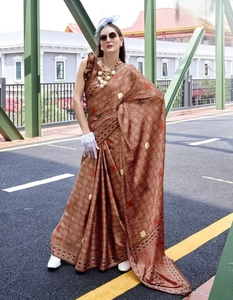 KV for <b>Satin</b> Crepe Silk Traditional Printed Party <b>Saree</b> with Unstitched Blouse - Product Image 1