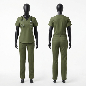 Conjunto de uniforme médico unisex rojo con blusa de cuello en V y pantalones con cordón, uniformes de hospital de algodón y poliéster con tela de lona y detección de agujas - Product Image 1