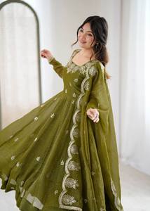 Nuevo Salwar Kameez Estilo Anarkali Listo para Usar, en Micro Algodón Pesado, Mangas Largas, Largo 48-49 Pulgadas, Reversible, para Fiestas - Product Image 5