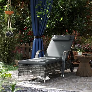 Sdraio da Piscina in Alluminio e Rattan Grigio a 5 Livelli Regolabili con Ruote, Poggiatesta e Cuscino - Product Image 2