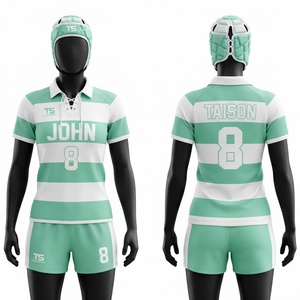 Uniforme de rugby pour hommes, jersey et short en polyester mesh respirant de qualité supérieure 240g, rayures vertes et blanches, logo personnalisé par sublimation - Product Image 1