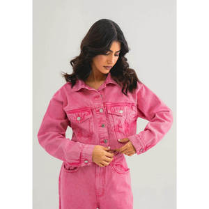 <b>Pink</b> Washed <b>Denim</b> <b>Jumpsuit</b> Women Long Sleeve Button Front Casual Wide Leg Outfit for Autumn Winter - Product Image 1