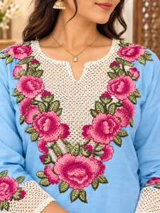 Sky Blue Floral Embroidered <b>Kurta</b> Palazzo Set Ethnic Casual Wear <b>For</b> <b>Women</b> - Product Image 2