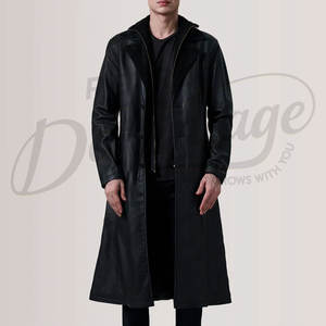 Manteau long en cuir noir de qualité supérieure pour homme, classique, pour l'hiver, en cuir véritable, col double, coupe-vent - Product Image 1