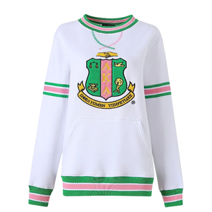 Sudadera Unisex AKA de Felpa Premium con Rayas Blancas, Cuello Redondo, Colores Blanco, Verde y Rosa, Estilo Griego Informal - Product Image 2