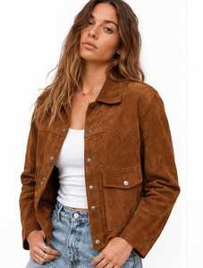 Chaqueta estilo camionero marrón para mujer, manga larga, cuello vuelto - Product Image 1