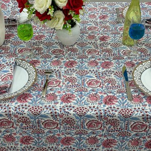 Handmade white floral <b>tablecloth</b> Pretty pink cotton design Block print cotton table cloth for Dining <b>Weddings</b> Special Occasions - Product Image 5