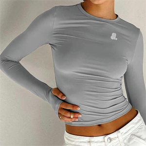 Women's Gray Long <b>Sleeve</b> <b>Crop</b> <b>Top</b> Crew Neck Slim Fit Knitted Spandex Polyester Minimalist Solid Logo Design All Seasons - Product Image 5