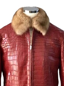 Veste en cuir PU gaufré croco rouge pour homme, style motard, fermeture éclair sur le devant, col rabattable, vêtement d'hiver - Product Image 6