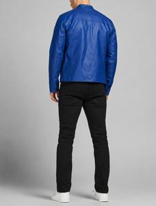 Blouson moto unisexe en cuir PU bleu, col rabattable, fermeture éclair, coupe ajustée, manches classiques, couleur unie, vêtement d'hiver, séchage rapide - Product Image 3