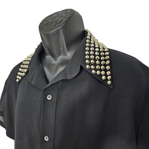 Custom <b>Men's</b> Black Gothic Button Down Shirt with Silver <b>Studded</b> Collar Skull Back Design Short Sleeve Street wear - Product Image 6
