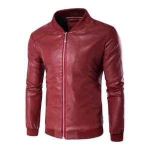 Blouson Bomber Homme en Cuir PU, Col Montant, Fermeture Éclair, Manches Classiques, Couleur Unie, Vêtement d'Extérieur Automne, Coupe Ajustée, en Cuir de Chèvre Véritable - Product Image 2