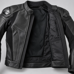 Blouson de moto en cuir noir pour homme, coupe-vent, avec protections d'épaules - Product Image 3