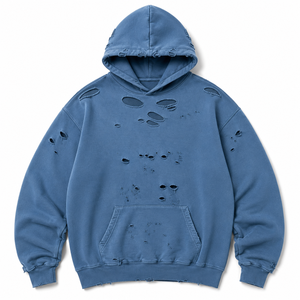 Sudaderas con capucha azules desgastadas al por mayor, de forro polar grueso, estilo oversize, streetwear, con bajo sin rematar, personalizables, marca privada, proveedor OEM - Product Image 2