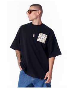 T-shirt noir surdimensionné pour homme avec appliqué en dentelle, style streetwear, manches courtes, col rond, jersey de coton - Product Image 3
