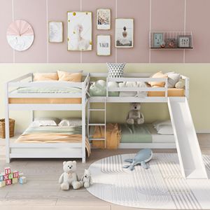 Letto a Castello a Forma di L Bianco, Misura Full & Twin, con Scivolo e Scala Corta per Bambini - Product Image 3