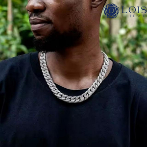 Men's 925 Silver Rhodium Plated <b>Moissanite</b> Cuban Chain <b>Necklace</b> Round Brilliant Cut Channel Setting Hiphop Style Everyday Wear - Product Image 4