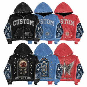 Sudadera con capucha Y2K de algodón 100% personalizada, de invierno, estilo urbano, con cuentas, bordada, desgastada, con pedrería y lavado ácido, de peso pesado, con cremallera - Product Image 5