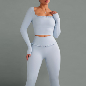 Custom <b>Pink</b> <b>Yoga</b> Set Women's Ballet Inspired Ruffled Long Sleeve Butt Lifting High Waist Leggings Comfortable Soft Sublimated - Product Image 2