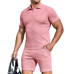 Conjunto de Polo y Pantalones Cortos Rosa para Hombre, Tejido de Poliéster, Informal, Veraniego, Transpirable, de Color Sólido, Manga Corta, Ropa Deportiva - Product Image 6