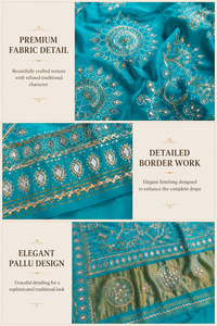 Sari en soie Moonga Bandhani Teal avec bordure brodée miroir, style vintage, longueur ras du sol, infroissable, élégant, pour mariage indien et fêtes, pour femme - Product Image 5