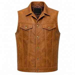 Gilet en cuir marron vintage élégant pour homme, avec boutons-pression classiques, style motard, pour un look décontracté et streetwear. - Product Image 5