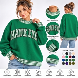 Custom Women's Christmas Gingham Sleeve Gingham Mock Neck Loose Drop Shoulder Patchwork Letter Applique Sweatshirt Manufacturer - Product Image 1