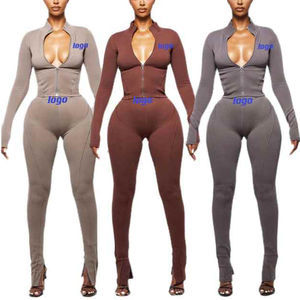 Conjuntos de 2 piezas personalizados con logo, top corto elástico de dos piezas, chándales ajustados OEM, leggings de fitness, conjuntos a juego para mujer - Product Image 2