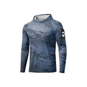Chemise de pêche à manches longues pour homme, bleue, à capuche, UPF 50, avec imprimé poisson, pull anti-UV, protection solaire - Product Image 1