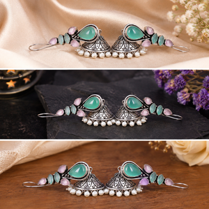 Oxidized <b>Silver</b>-Plated Cat Eye Stone Jhumka <b>Earring</b> for Women | Green Pink Gemstone <b>Dangle</b> <b>Earrings</b> | Indian Ethnic Boho Jewelry - Product Image 5