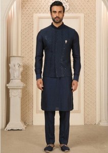 Blue <b>Sequin</b> Nehru <b>Jacket</b> Men Outerwear Set ROMAN Silk Kurta Pant Formal Wear Wedding Party - Product Image 5