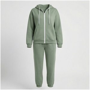 Conjunto Deportivo de 2 Piezas para Mujer, Sudadera con Capucha Verde Sólido, Pantalones Jogger con Cierre Completo, Estilo Casual Holgado para Otoño - Product Image 1