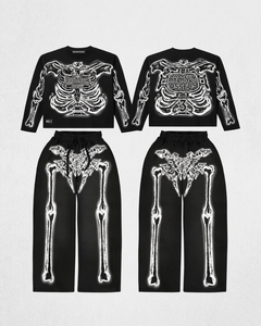 Ensemble t-shirt et pantalon en coton premium 240 GSM avec motif squelette, impression noire phosphorescente, logo personnalisé, style streetwear, pour femmes - Product Image 1