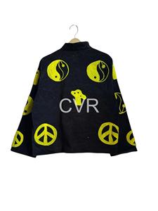 Manteau en velours noir brodé avec des symboles jaunes de la paix et du Yin et du Yang, col mandarin, manches longues, vêtement décontracté d'automne pour adultes - Product Image 1