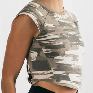 Women's Red Crop <b>Top</b> Black White Stripe Crew Neck Drop Shoulder Short Sleeve Breathable Eco-Friendly Casual Canvas T-Shirt 100% - Product Image 4