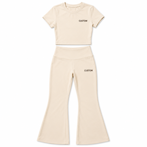Wholesale <b>Women</b>’s Yoga Set Cream <b>Crop</b> T Shirt Flare <b>Leggings</b> High Waist Two Piece Activewear Pilates Workout High Waist Gym Suit - Product Image 3