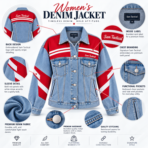 เสื้อแจ็คเก็ตยีนส์ผู้หญิง ทรงเรเซอร์ แต่งสีบล็อก ปักตัวอักษร ปกคอพับ แขนยาว สีแดงน้ำเงิน ราคาขายส่ง รับผลิตแบบ OEM ราคาถูก - Product Image 4