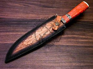 มีดโบวี่เหล็กดามัสกัสทำมือรุ่นใหม่ พร้อมด้ามทองเหลืองประดับหินสีแดง ใบมีดคมแบบตายตัว มีดยุทธวิธี มีดเอาตัวรอด - Product Image 6