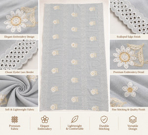 Wholesale Embroidered Swiss Voile <b>Shawl</b> Garbasaar White Floral Eyelet Stripe Rhinestone Scalloped Border OEM ODM Custom - Product Image 3