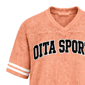 Camiseta Deportiva Ligera de Punto Rosa Melocotón con Cuello en V, Manga Corta, Detalle de Rayas, Personalizada, Oversize, Informal, Uniforme Deportivo para Equipo - Product Image 6