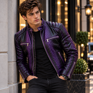 Chaqueta de Motociclista para Hombre, de Cuero Genuino con Estampado de Serpiente Negra y Amarilla, Cuello Alto, Transpirable, para Invierno - Product Image 5