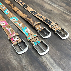Factory Wholesale High Quality Western Style Hand <b>Tooled</b> Leather Belt for Girls & Boys Custom Designer Pin Buckle Belt for <b>Kids</b> - Product Image 5