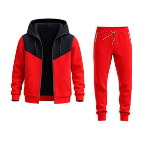 Best Design Men’s Red Black Contrast Hoodie Tracksuit Slim Fit <b>Zip</b> <b>Up</b> <b>Jacket</b> Jogger Pants Casual Sportswear Gym Fitness Set - Product Image 2